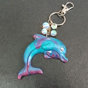 Teal purple pink swirl dolphin keychain bag charm iridescent beads handmade new